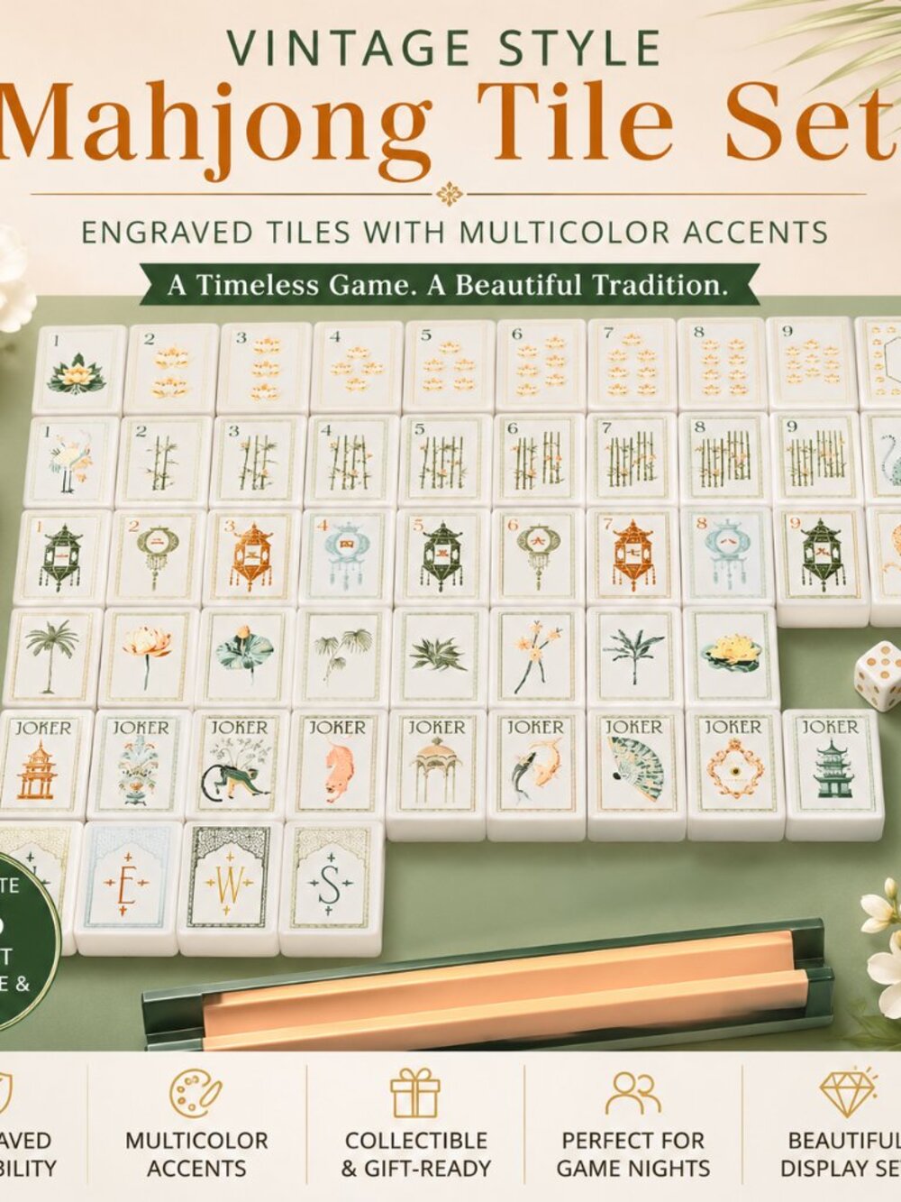 🀄Vintage Style Mahjong Tile Set - Engraved Tiles with Multicolor Accents🀄